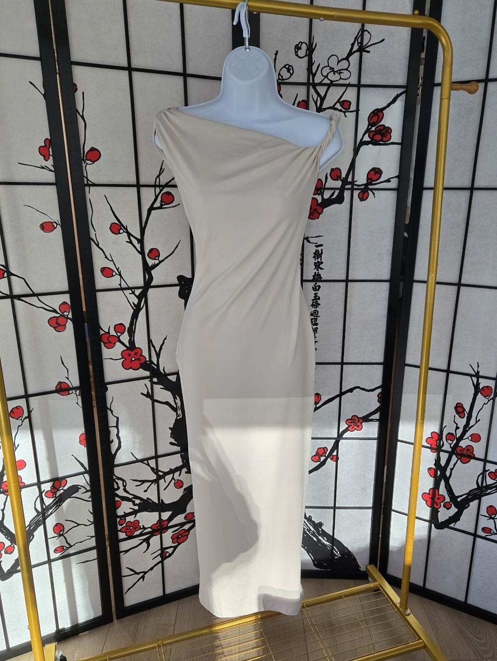 Cream Off Shoulder Twisted Strap Maxi Dress